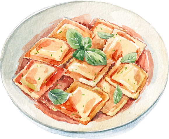 Ravioli plate. Italian food. Watercolor illustration